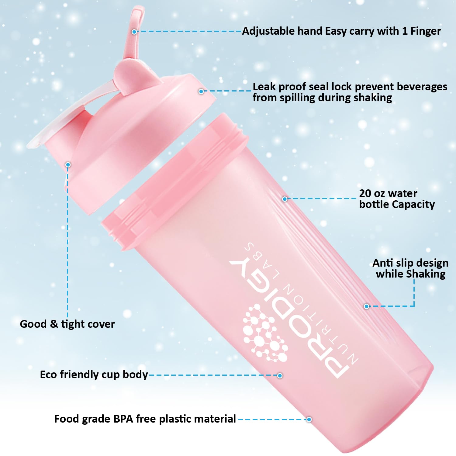 Protein Shaker 20oz Large Shaker Bottle Perfect for Workout Supplements, Protein powder, Sports drinks, BCAA'S, Meal Replacement, BPA Free, Fitness Enthusiasts Athletes - Pink
