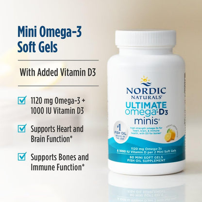 Nordic Naturals Ultimate Omega Mini D3, Lemon Flavor - 60 Mini Soft Gels - 1120 mg Omega-3 + 1000 IU Vitamin D3 - EPA & DHA - Promotes Brain & Heart Health - 30 Servings Nordic NaturalsBuy Supplements Australia