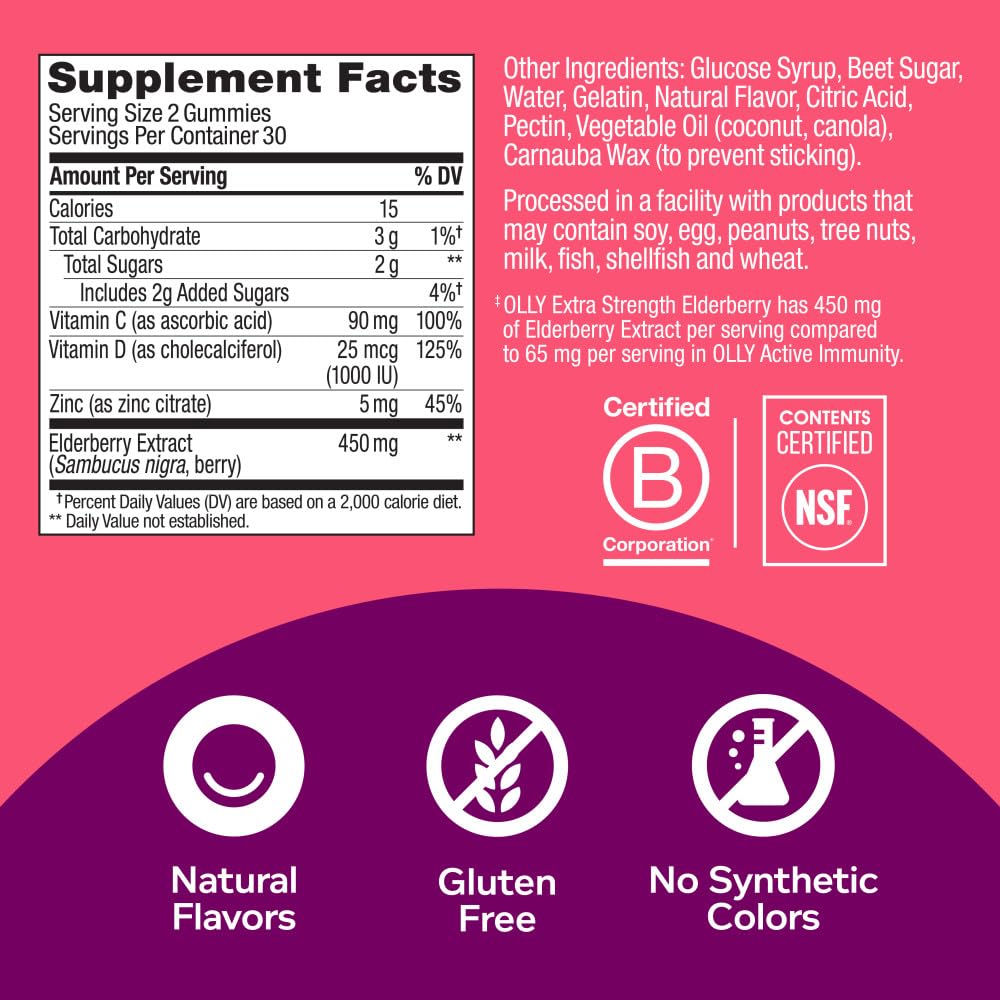 OLLY Extra Strength Elderberry Gummies, Immune Support, 450mg Elderberry, Vitamin C OLLYBuy Supplements Australia