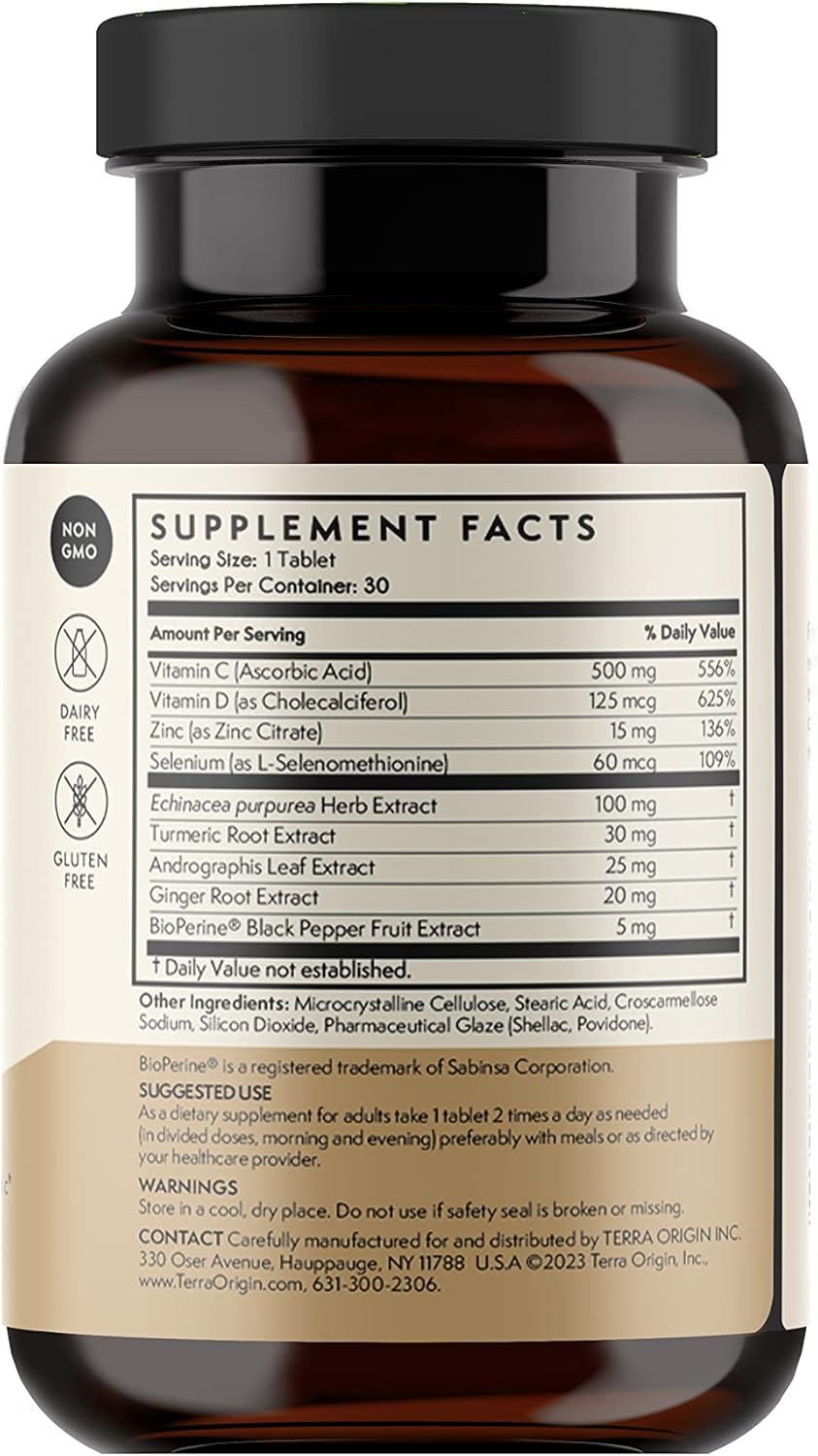 TERRA ORIGIN Immune Support Supplement | 60 Tablets | Immune System Booster for Adults* | BioPerine, Vitamin C, D, Zinc, Echinacea | Non GMO, Gluten Free, Dairy Free, Made in USA TERRA ORIGINBuy Supplements Australia
