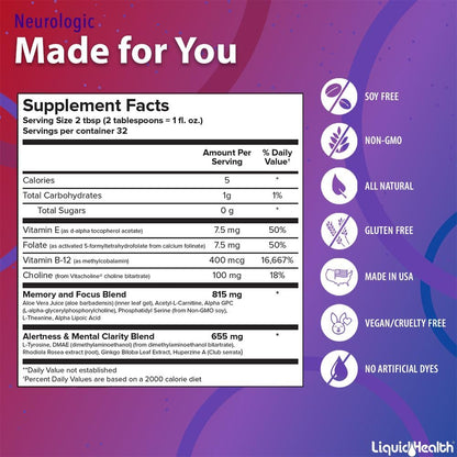 LIQUIDHEALTH Neurologic Focus Supplement - Brain Booster Nootropic Supplement for Cognitive Function, Memory & Focus with Ginkgo Biloba, Choline, L-Theanine & Phosphatidylserine - USA Made (2 Pack) LIQUIDHEALTHBuy Supplements Australia