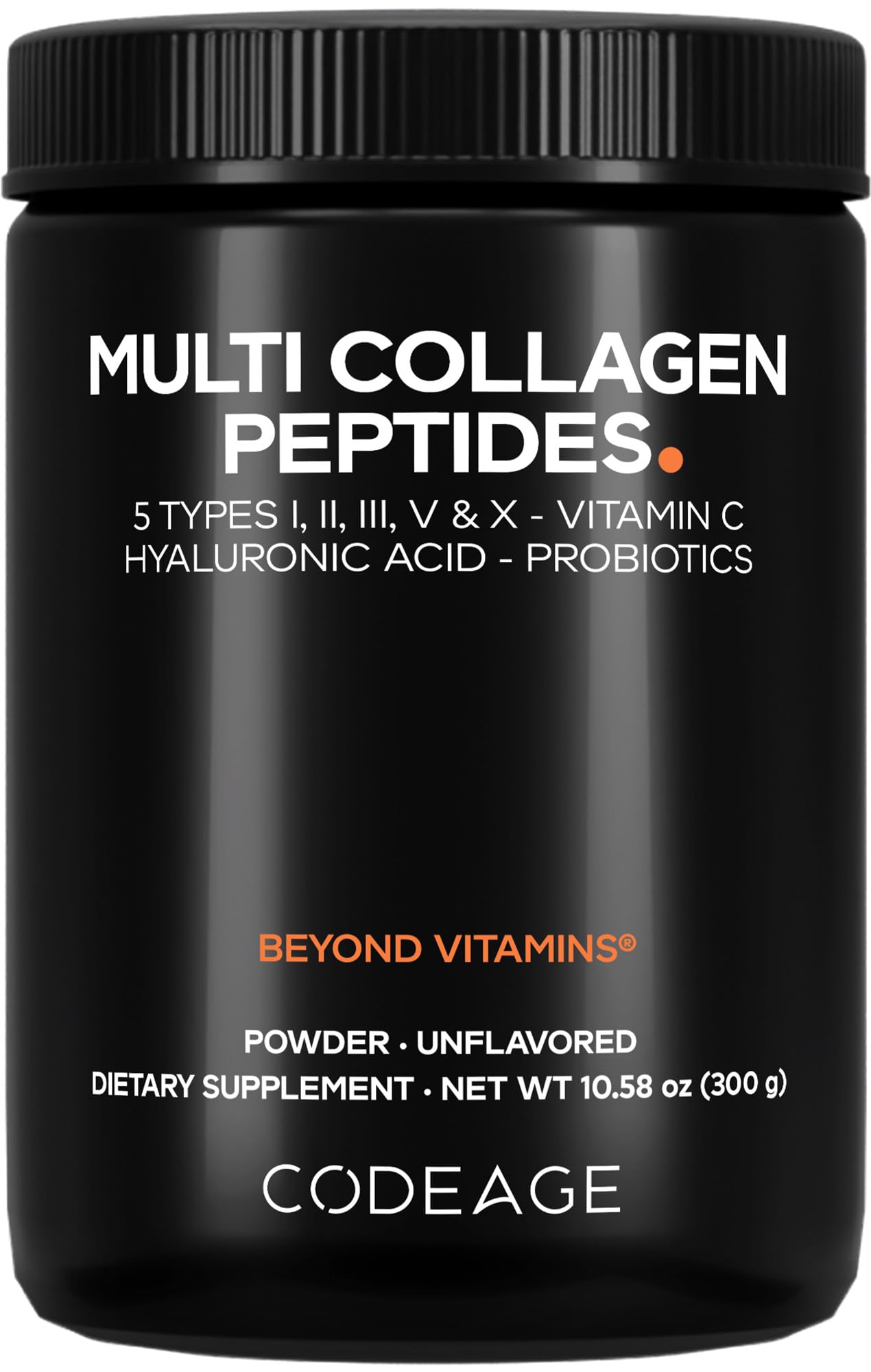 Codeage Multi Collagen Peptides Powder + Probiotics Black Edition, Vitamin C, Hyaluronic Acid Powder Supplement, Grass-Fed, Hydrolyzed, Zero Carbs, Type I, II, III, V & X, Unflavored, 10.58oz CodeageBuy Supplements Australia
