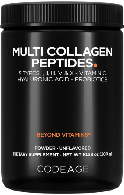 Codeage Multi Collagen Peptides Powder + Probiotics Black Edition, Vitamin C, Hyaluronic Acid Powder Supplement, Grass-Fed, Hydrolyzed, Zero Carbs, Type I, II, III, V & X, Unflavored, 10.58oz CodeageBuy Supplements Australia