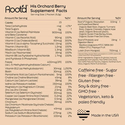 Root'd Multivitamin Powder for Men - 24 Vitamins & Minerals with 3X Electrolytes, 9 Organic Superfoods, Probiotics & Enzymes Root'd