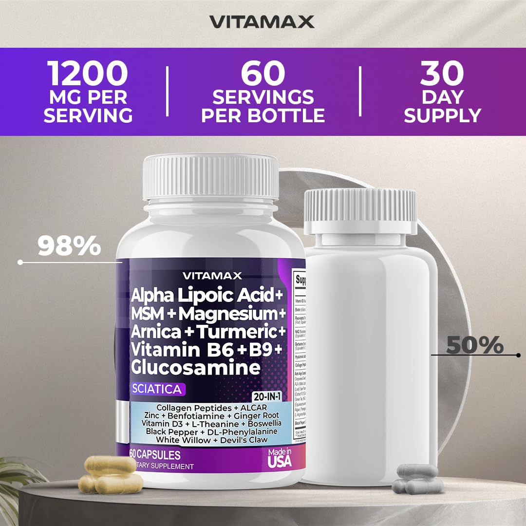 Sciatic Nerve Health Support - Sciatic Nerve Supplement Capsules with Folic Acid, Pea, Glucosamine, MSM, Vitamin B Complex, Alpha Lipoic Acid 300mg – 60ct – Made in USA VitamaxBuy Supplements Australia