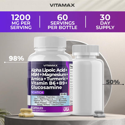 Sciatic Nerve Health Support - Sciatic Nerve Supplement Capsules with Folic Acid, Pea, Glucosamine, MSM, Vitamin B Complex, Alpha Lipoic Acid 300mg – 60ct – Made in USA VitamaxBuy Supplements Australia