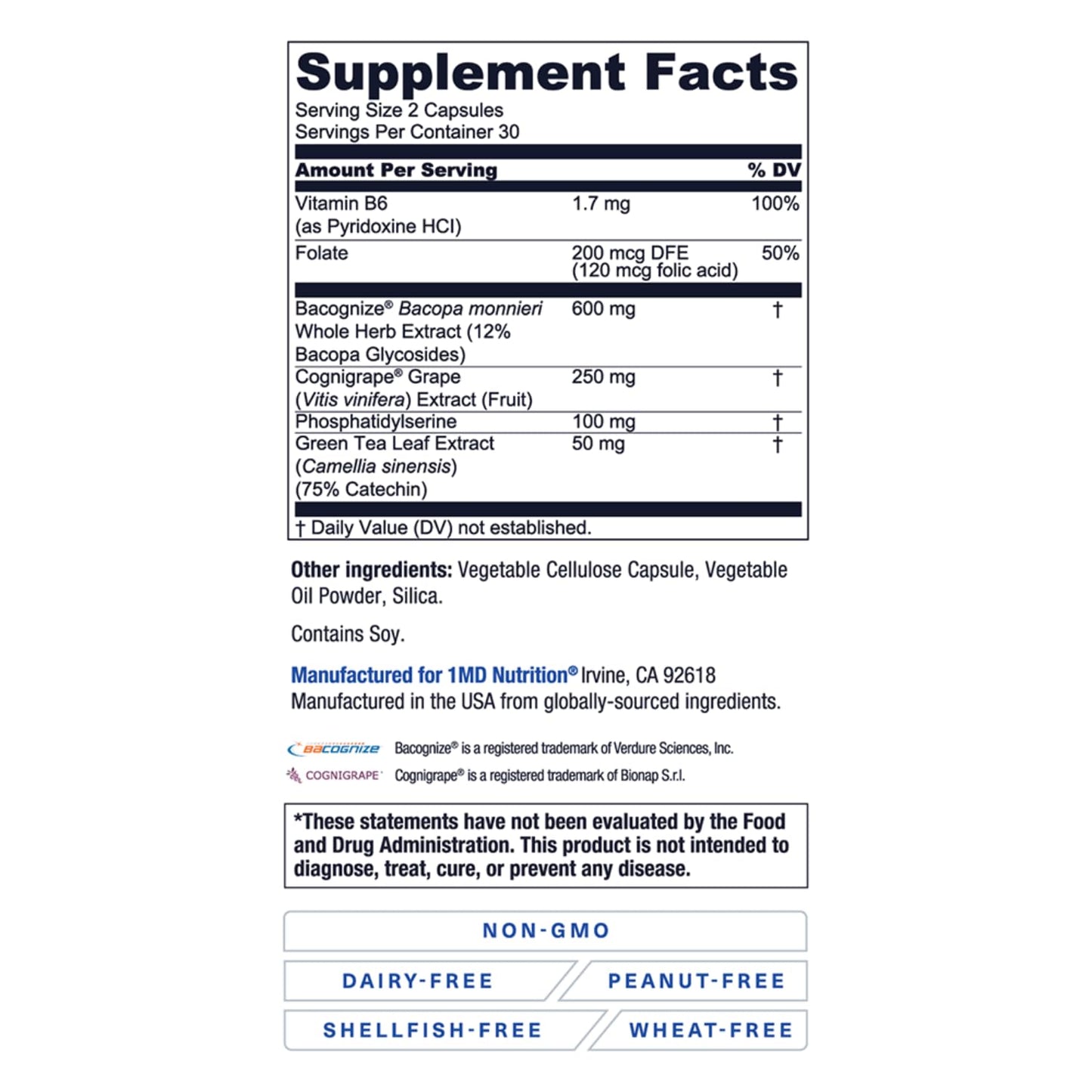 1MD Nutrition MindMD - Brain Supplement for Memory and Focus - Bacopa Monnieri for Nootropic Brain Support - Brain Health Supplement for Adults - with Vitamin B6 & Green Tea Extract - 60 Caps 1MD NutritionBuy Supplements Australia