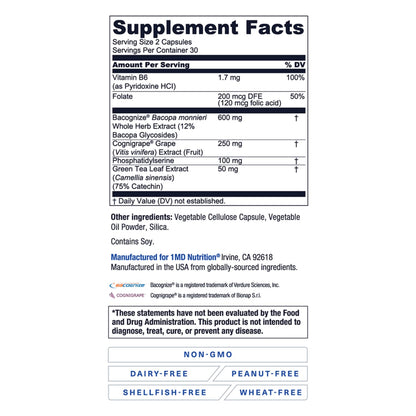 1MD Nutrition MindMD - Brain Supplement for Memory and Focus - Bacopa Monnieri for Nootropic Brain Support - Brain Health Supplement for Adults - with Vitamin B6 & Green Tea Extract - 60 Caps 1MD NutritionBuy Supplements Australia