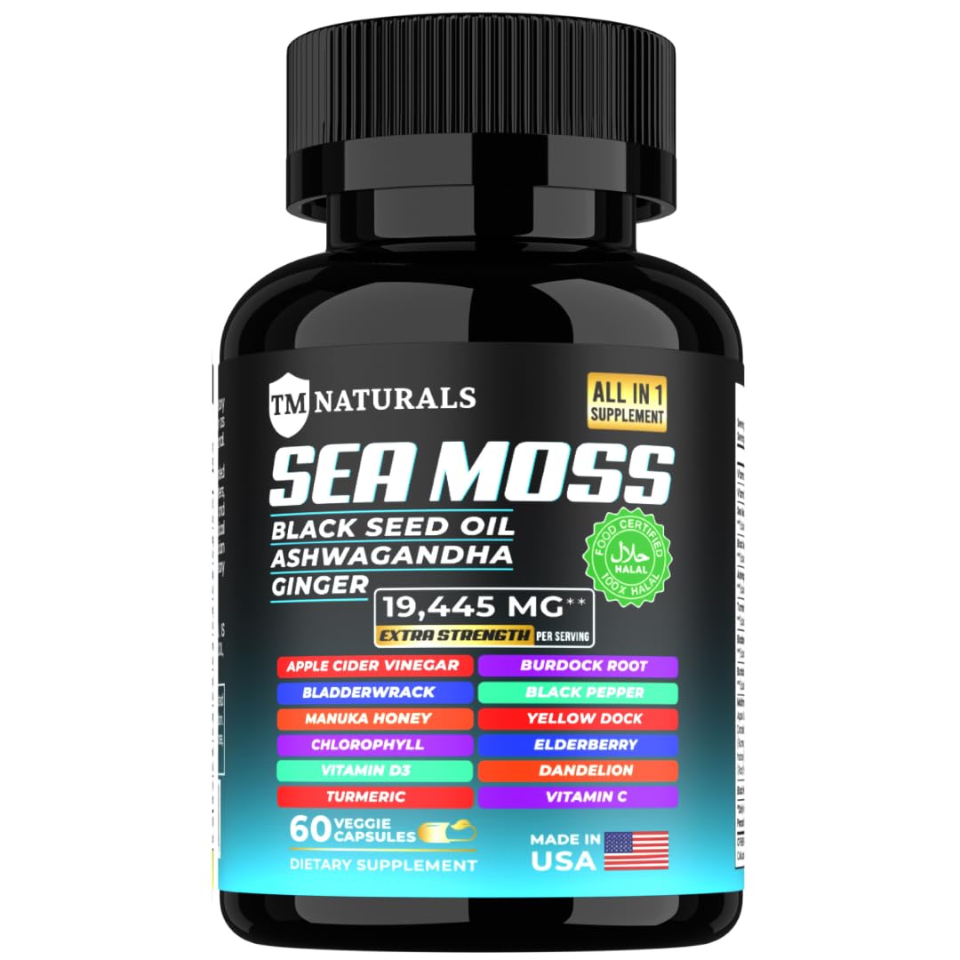 TM NATURALS Sea Moss with Black Seed Oil, Vitamin C, Ashwagandha and Turmeric for Immune Support & Energy - 60 Vegan Capsules + Free Pill Box TM NATURALSBuy Supplements Australia