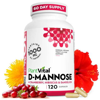Plantvital D Mannose Capsules with Cranberry - D-mannose 1000mg Capsules - High Potency for Bladder, Kidney and Urinary Tract Support. Cranberry Powder with Hibiscus and Dandelion. 2 Months Supply PlantvitalBuy Supplements Australia