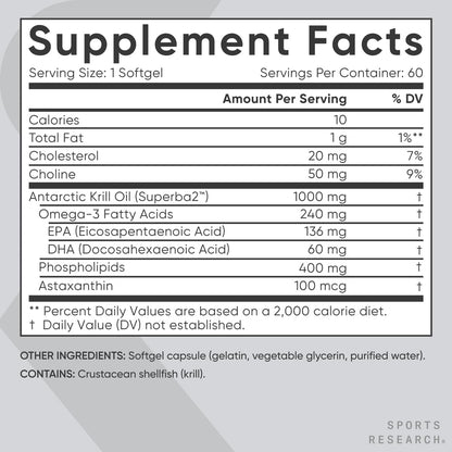 Sports Research® Omega-3 Krill Oil 1000mg - Pure Antarctic Superba Krill with Phospholipids, Choline & Astaxanthin - MSC Certified Sustainable · Non-GMO · Gluten Free - 60 Softgels Sports ResearchBuy Supplements Australia