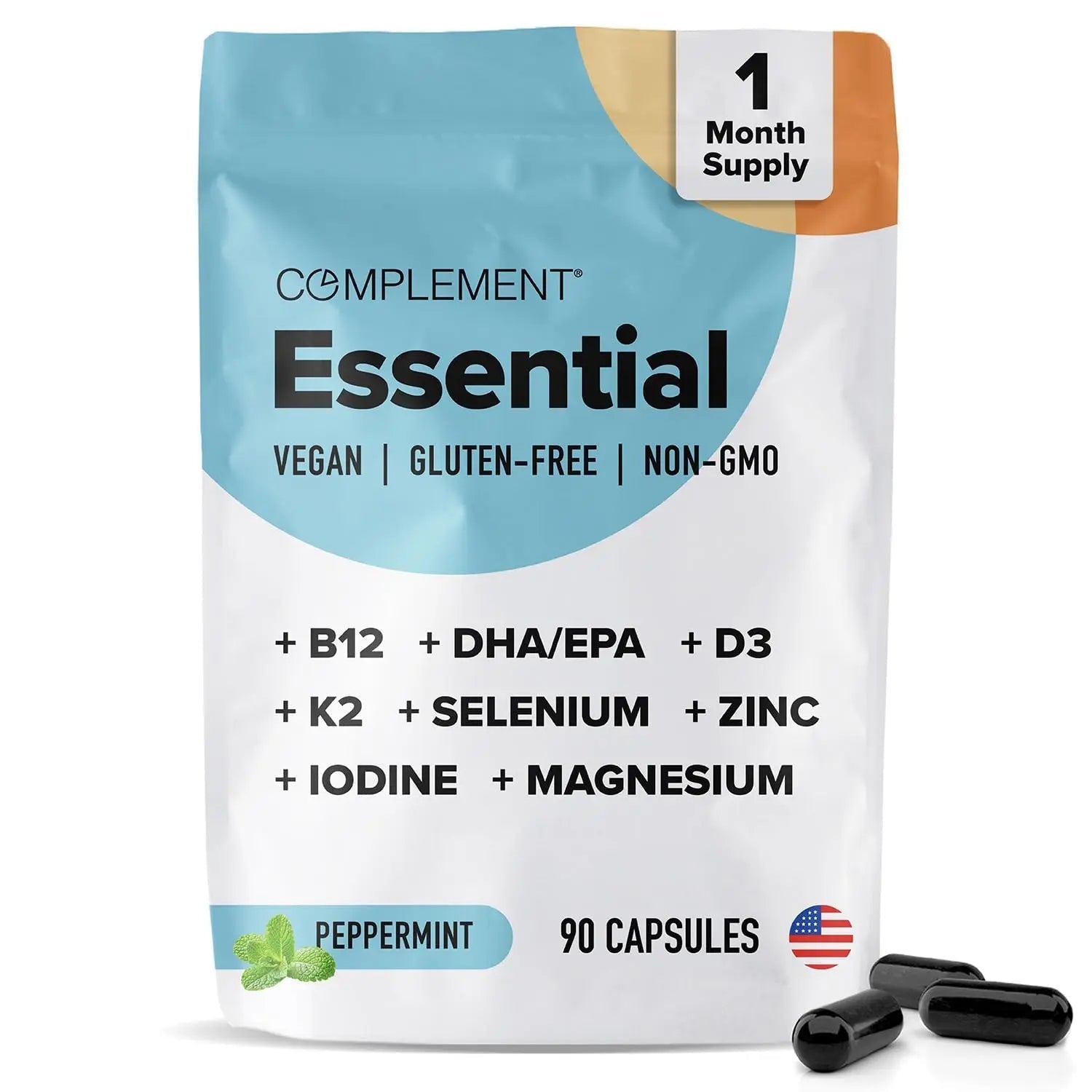 Complement Essential Vegan Multivitamin for Men & Women (30 Servings, 90 Capsules) with Omega-3 DHA & EPA, B12, Vitamin D3 & K2, Zinc, Selenium ComplementBuy Supplements Australia