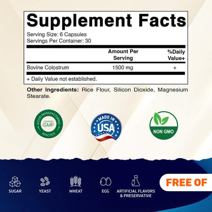 Vitamatic Bovine Colostrum 30% IgG Supplement 1500 mg per Serving - Supplement for Gut Health, Hair Growth, Beauty, Muscle Recovery, & Immune Support - 180 Veg Capsules VitamaticBuy Supplements Australia