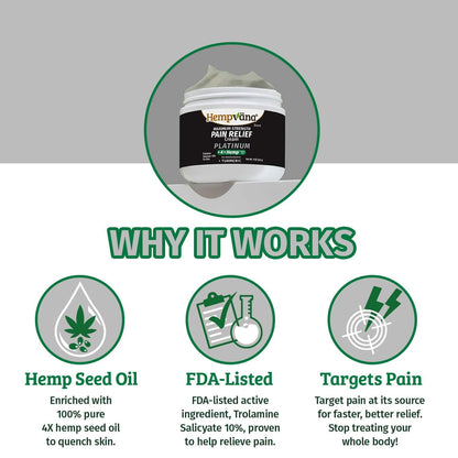 Hempvana Platinum Maximum Strength Relief Cream 4X Hemp for Muscles, Joints, Back, Knees, Shoulders, Neck, Elbows, Hands, Feet. AS SEEN ON TV. Odor-Free, Non-Greasy, Quickly Absorbs, 4X More Hemp HempvanaBuy Supplements Australia