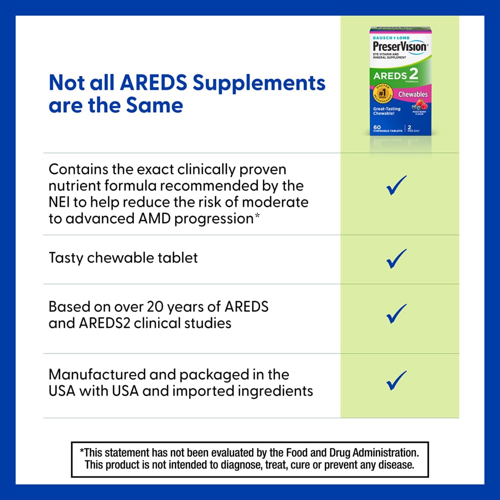 PreserVision AREDS 2 Eye Vitamins, #1 Eye Doctor Recommended Brand, Chewable Lutein and Zeaxanthin Supplement with Vitamin C, Vitamin E,Zinc, and Copper, Mixed Berry, 60 Tablets PreserVisionBuy Supplements Australia