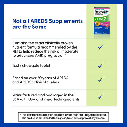 PreserVision AREDS 2 Eye Vitamins, #1 Eye Doctor Recommended Brand, Chewable Lutein and Zeaxanthin Supplement with Vitamin C, Vitamin E,Zinc, and Copper, Mixed Berry, 60 Tablets PreserVisionBuy Supplements Australia