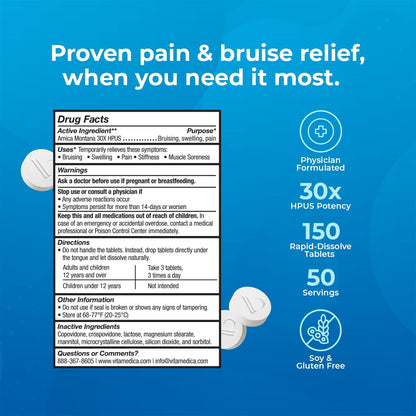 VitaMedica Arnica Montana 30X Rapid Dissolve Arnica Tablets for Natural Pain, Bruising, and Swelling Support - Homeopathic Medicine for Injury and Surgery Recovery - 150 Ct - 50 Servings VitaMedicaBuy Supplements Australia