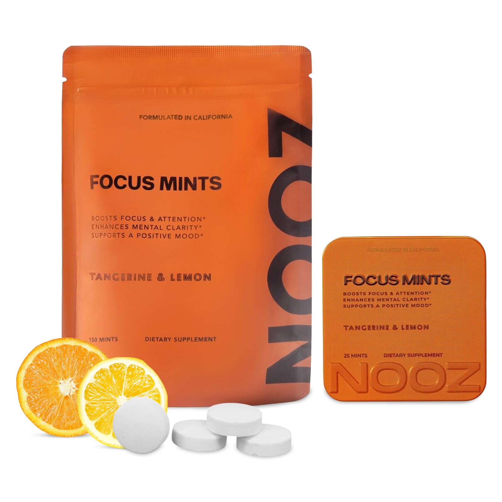 NOOZ Focus Mints Refill Bag - Caffeine-Free Brain Booster for Mental Clarity-Tangerine & Lemon Flavor | Sugar-Free, Travel-Friendly Supplement with Vitamin C, B6, B12 - Non-GMO, Clean Label, 150 Mints NOOZBuy Supplements Australia