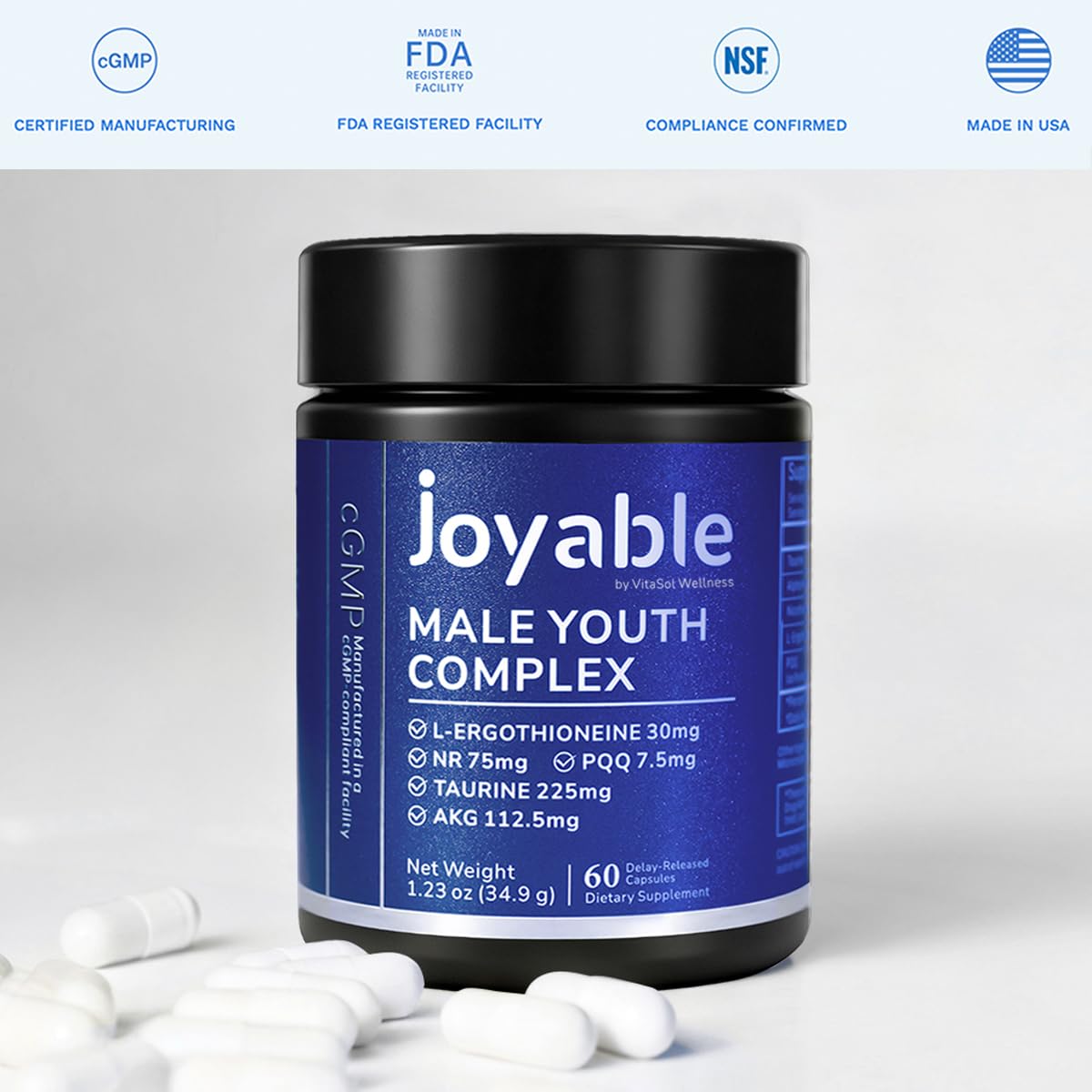 joyable by VitaSol Wellness - Male Youth Complex – Cellular Energy & Healthy Aging Support Supplement with NR, PQQ & Ergothioneine | 60 Capsules joyable by VitaSol WellnessBuy Supplements Australia