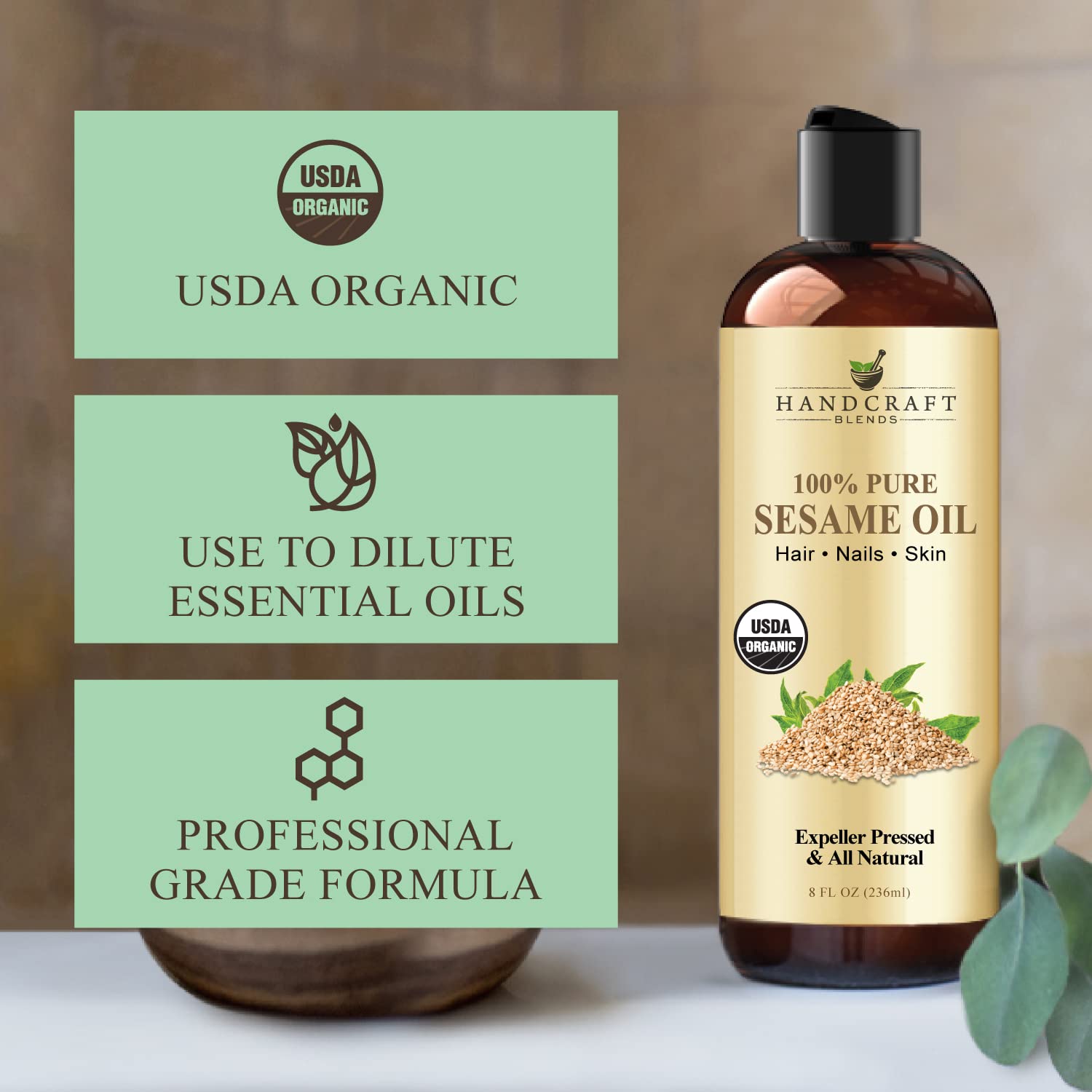 Handcraft Blends Organic Sesame Oil for Skin and Hair 8 oz - 100% Pure and Natural - Premium Handcraft BlendsBuy Supplements Australia