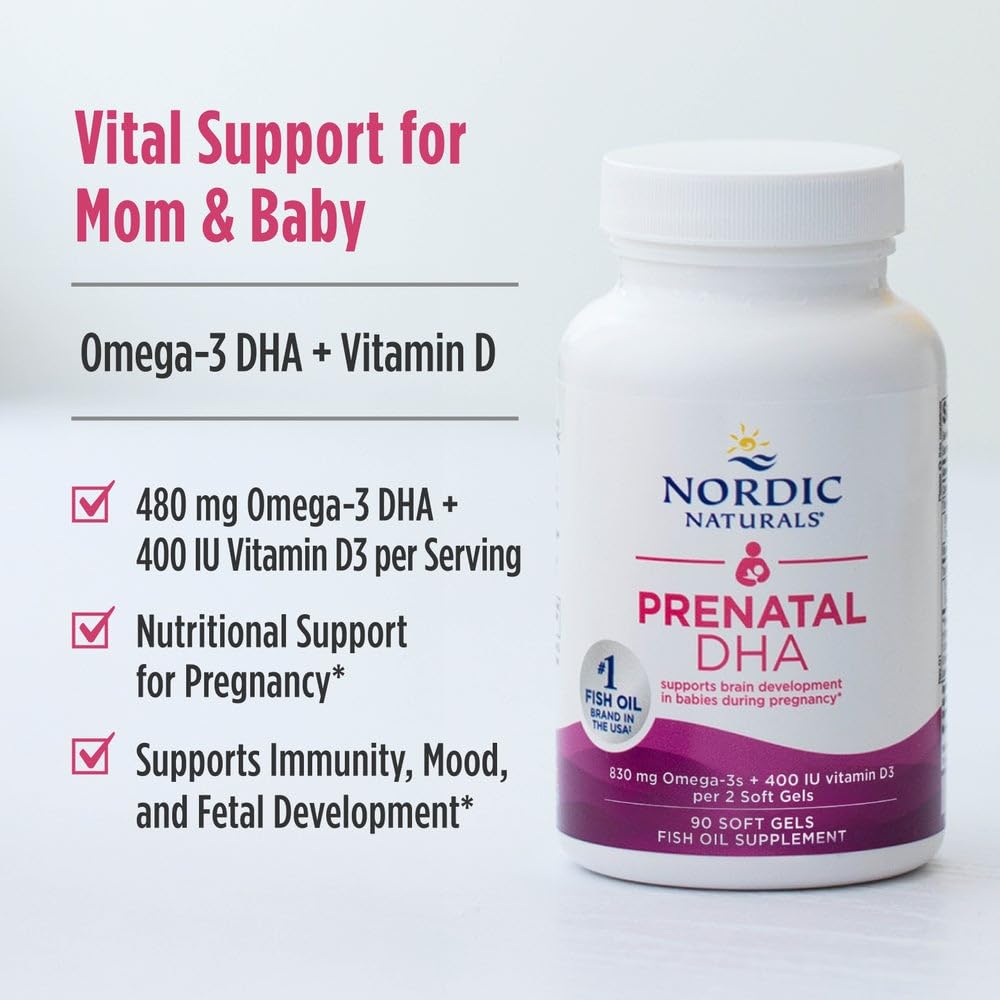 Nordic Naturals Prenatal DHA, Unflavored - 180 Soft Gels - 830 mg Omega-3 + 400 IU Vitamin D3 - Supports Brain Development in Babies During