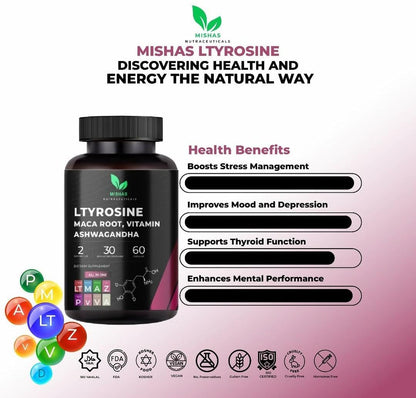 Mishas Nutraceuticals L-Tyrosine with Maca Root, Ashwagandha & Vitamins Complex – Energy, Mental Focus, Stress Relief & Immunity Support – 60 Capsules (30 Servings) MishasBuy Supplements Australia