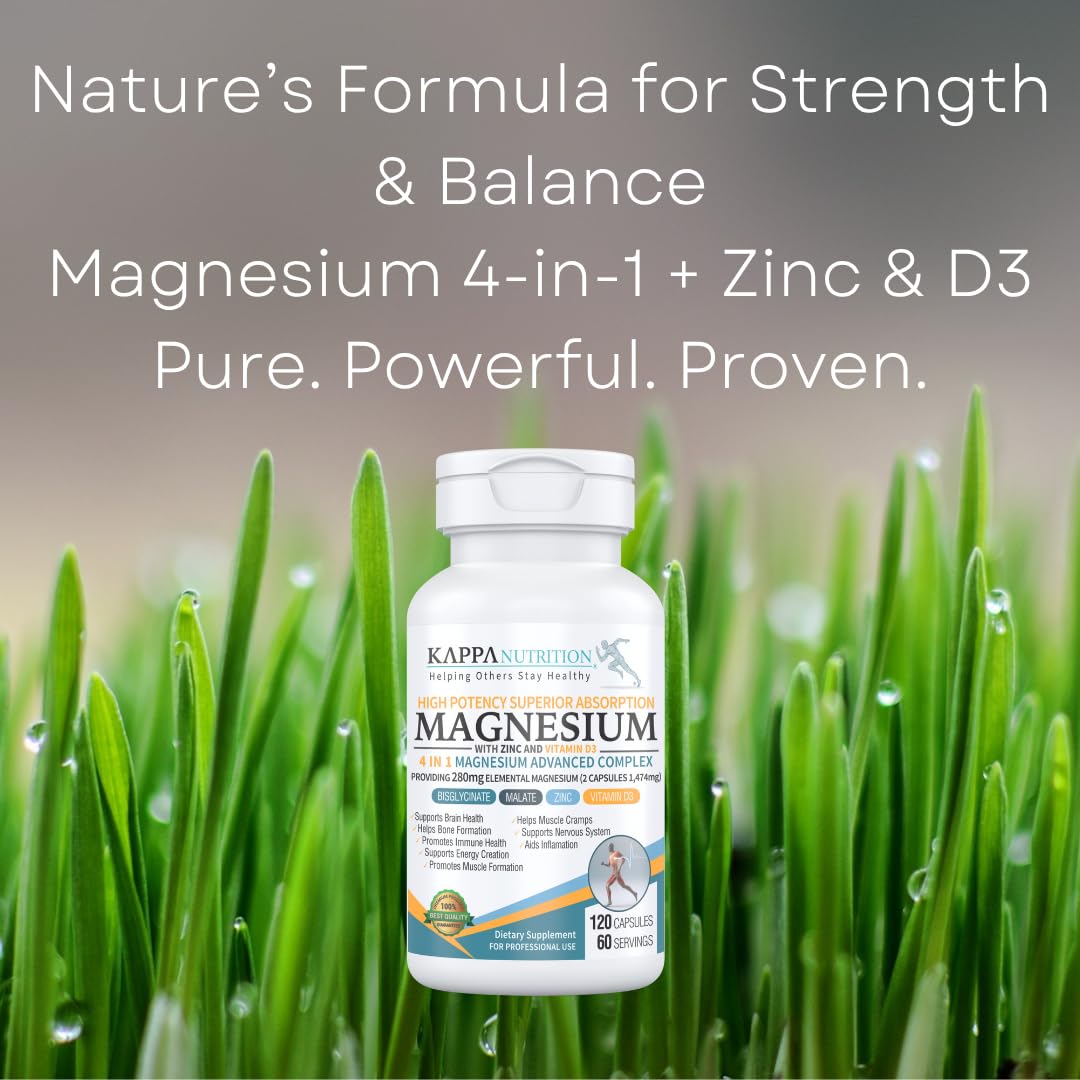 Kappa Nutrition Magnesium 4-in-1, 280mg Elemental Magnesium (Bisglycinate, Malate) + Zinc & Vitamin D3, Brain, Sleep, Energy, Muscle, Immune Support, 120 Vegan Capsules. KAPPA NUTRITIONBuy Supplements Australia