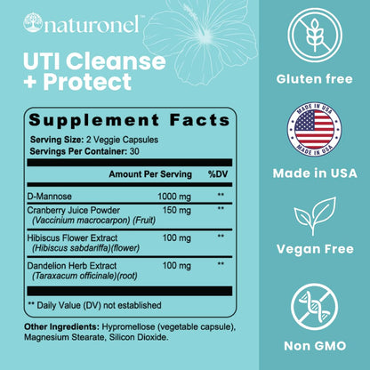 Naturonel UTI Cleanse + Protect – Urinary Tract Support with D-Mannose, Cranberry, Hibiscus & Dandelion | Advanced Formula, Dietary Supplement - Non-GMO, Made in USA, GMP Certified (1) NaturonelBuy Supplements Australia