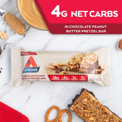 Atkins Chocolate Peanut Butter Pretzel Protein Meal Bar, High Fiber, 16g Protein, 1g Sugar AtkinsBuy Supplements Australia