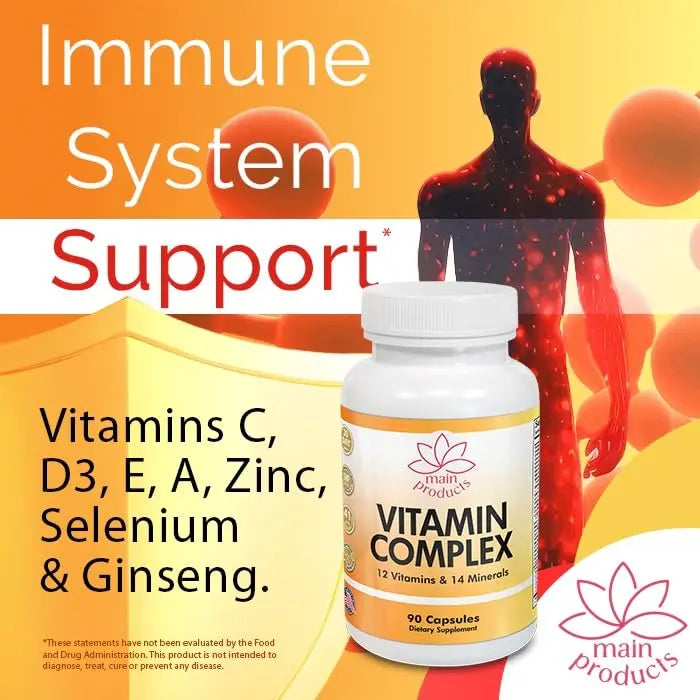 Vitamin Complex Multivitamins and Multiminerals - 12 Vitamins and 14 Minerals, Vitamin A C D3 E B1 B2 B3 B5 B6 B9 B12 H and Minerals Main Products