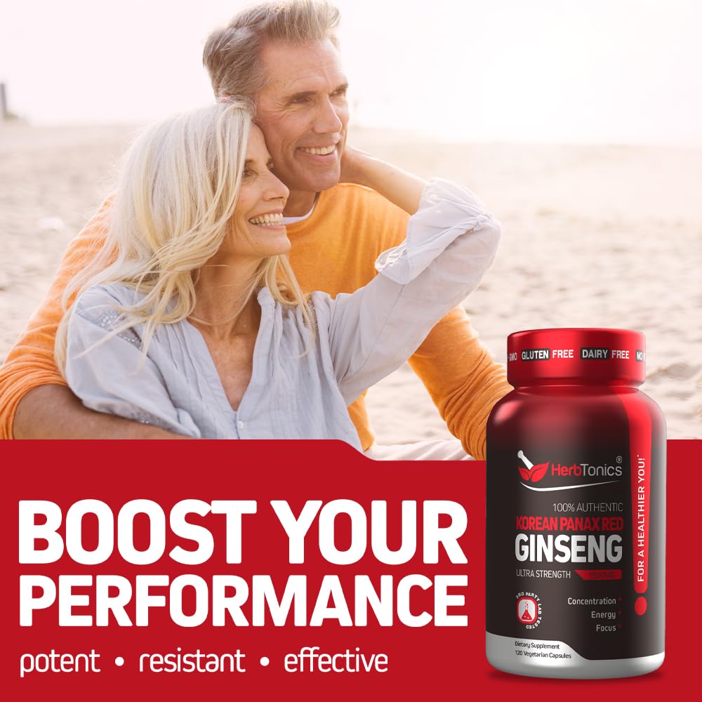 Herbtonics Korean Red Panax Ginseng 1500mg - Energy Supplement for Peak Performance, Focus & Vitality - High Potency Ginseng Root Extract - 240 Vegan Capsules HerbtonicsBuy Supplements Australia