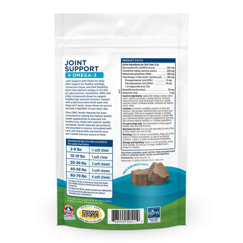 Nordic Naturals Pet Joint Support + Omega 3 Soft Chews for Dogs, Pork Bone Broth Flavored - Promotes Mobility, Hip and Joint Support with Omega-3 Fish Oil, MSM, EPA & DHA - 30 Non-GMO Chews Nordic NaturalsBuy Supplements Australia