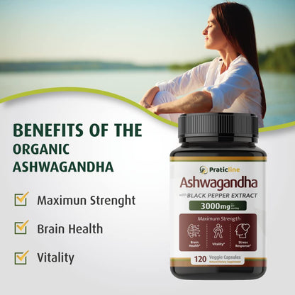 PRATIC LINE Ashwagandha Capsules 3,000 mg - 120 Vegan Cap Made with Organic PRATIC LINEBuy Supplements Australia