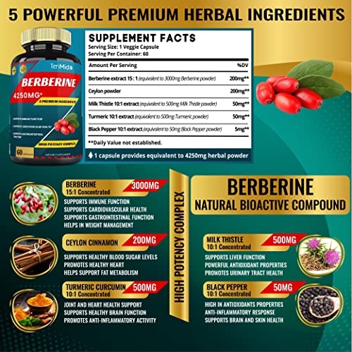 Berberine Extract Capsules 4250mg, 2 Months Supply & Ceylon, Milk Thistle, Turmeric TenmidoBuy Supplements Australia