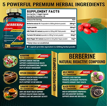 Berberine Extract Capsules 4250mg, 2 Months Supply & Ceylon, Milk Thistle, Turmeric TenmidoBuy Supplements Australia