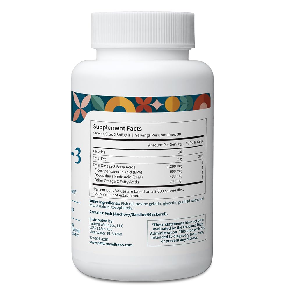 Pattern Wellness Omega 3 Softgels - Pure Fish Oil Formula - Helps Maintain Brain, Heart & Joint Health - 3rd Party Lab Tested - Non-GMO, Dairy-Free, Gluten-Free - 60 Softgels Pattern WellnessBuy Supplements Australia
