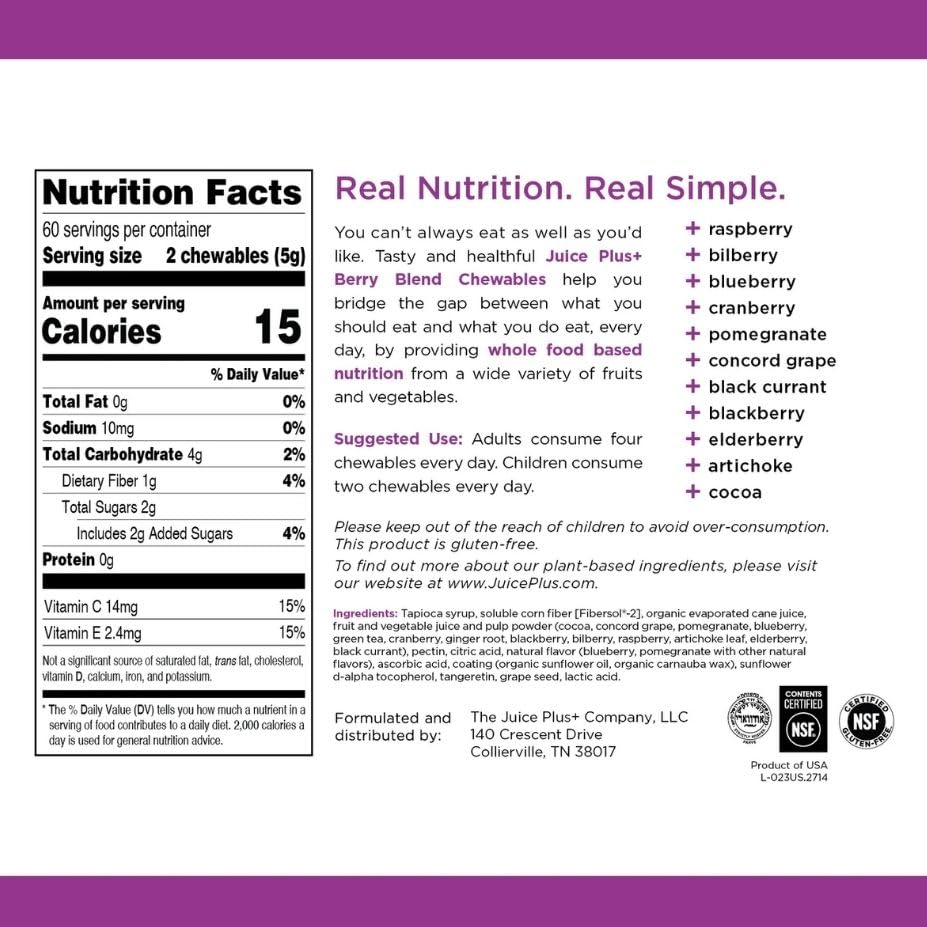 Juice Plus+ Berry Blend Soft Chews (Chewables) - Daily Nutrition from 12 Plants with Whole Fruit, Vegetable, & Berry - Raspberry, Bilberry, Blueberry, and More! for Adults and Kids - (1-mo, 30 Chews) Juice Plus+Buy Supplements Australia