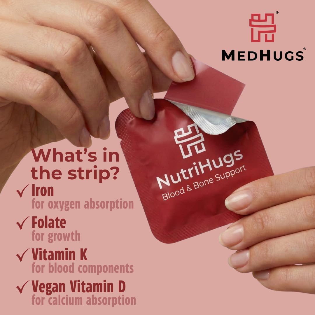MedHugs NutriHugs Blood and Bone Support - Iron, Folate, Vitamin D3 and K2 - Fast-Dissolving Oral Thin Film Strips - Non-Constipating Iron - Vegan, Sugar-Free, Non-GMO - 30 Strips MedHugsBuy Supplements Australia