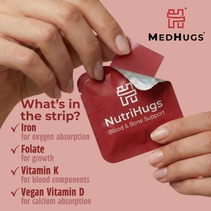 MedHugs NutriHugs Blood and Bone Support - Iron, Folate, Vitamin D3 and K2 - Fast-Dissolving Oral Thin Film Strips - Non-Constipating Iron - Vegan, Sugar-Free, Non-GMO - 30 Strips MedHugsBuy Supplements Australia