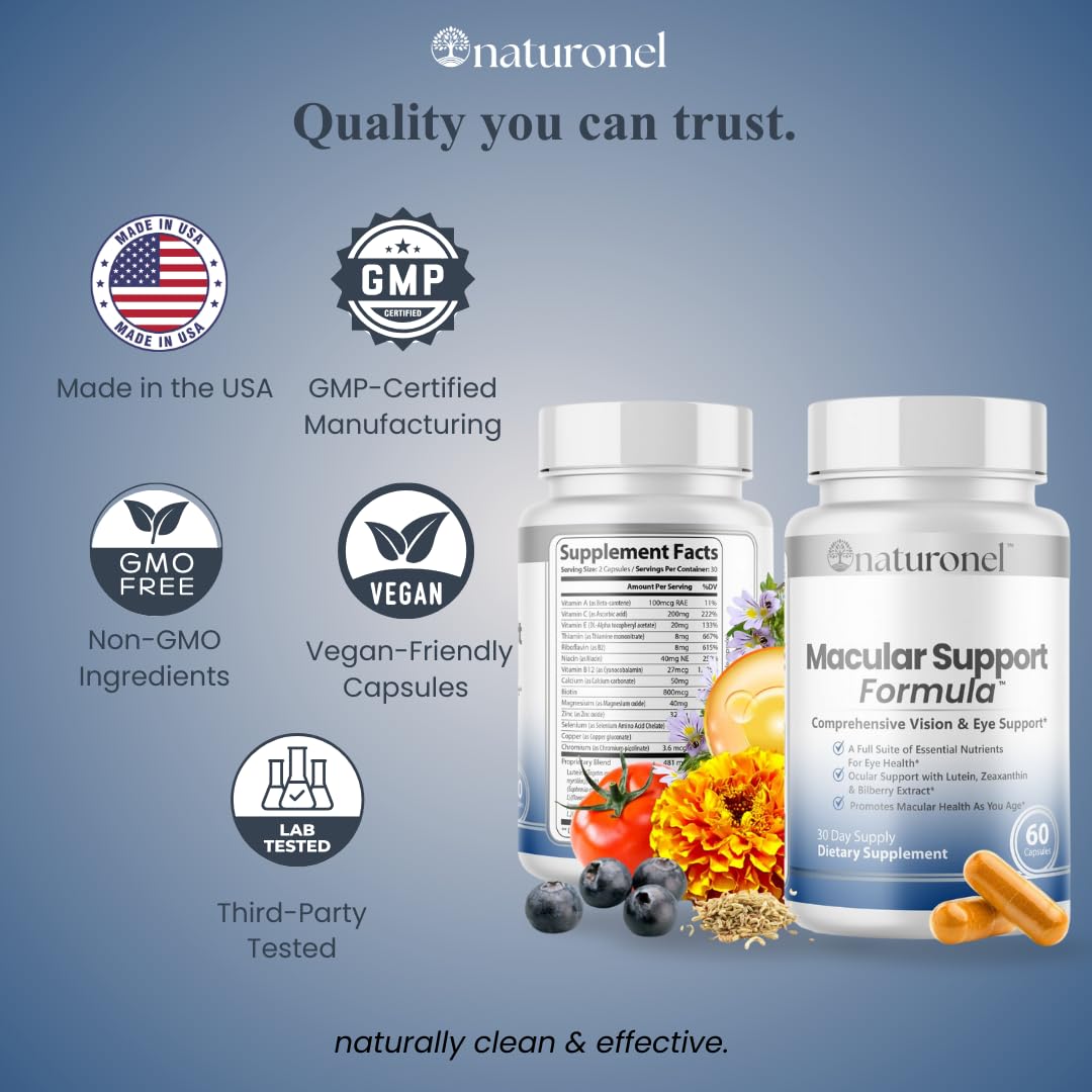 Naturonel Macular Support Formula – Vision & Eye Health with Lutein, Zeaxanthin, Bilberry, Eyebright & Antioxidants | Non-GMO, Made in USA, GMP Certified – 60 Capsules, 30 Day Supply (1) NaturonelBuy Supplements Australia