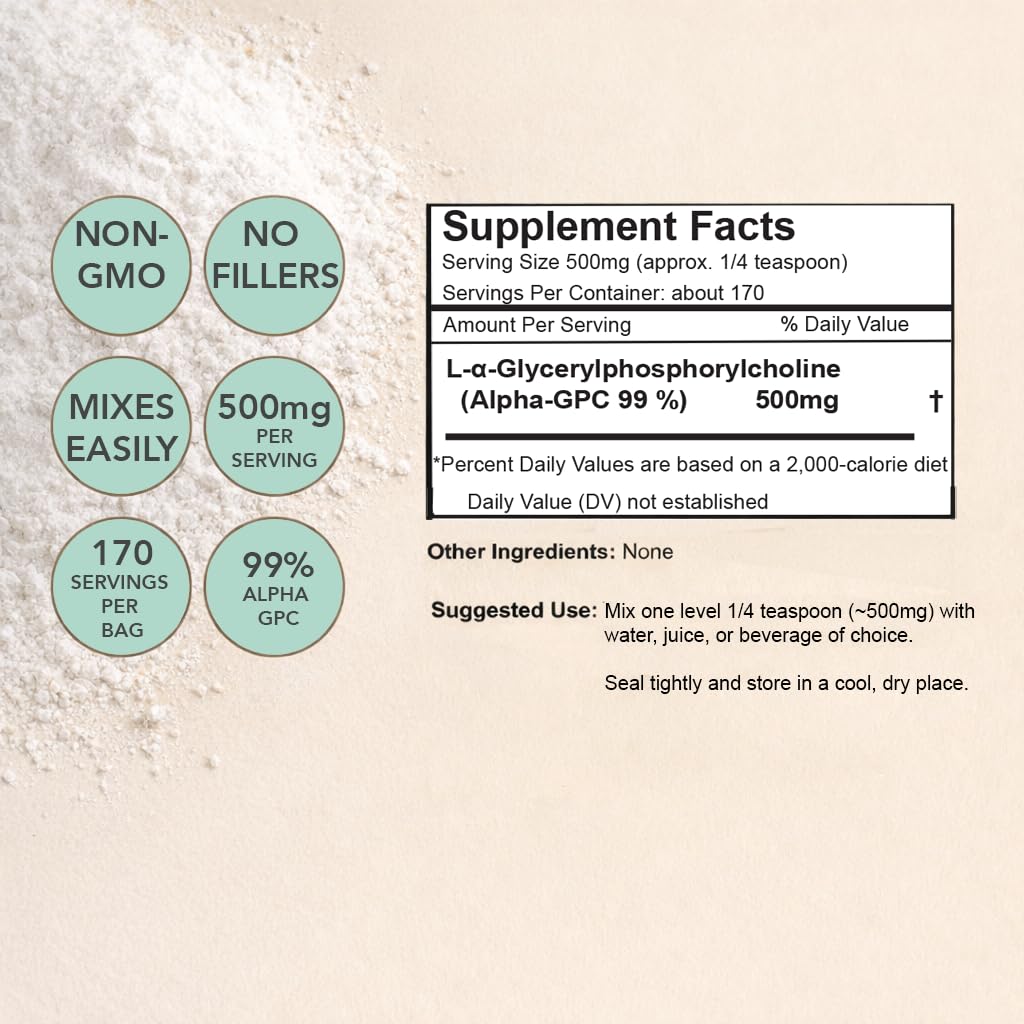 Xalya Alpha GPC Supplement, Alpha GPC Powder 99% Purity (Extra Strength) 500mg per Serving, Unflavored, Natural Choline Supplement - 3rd Party Tested -170 Servings, 3 Ounce XalyaBuy Supplements Australia