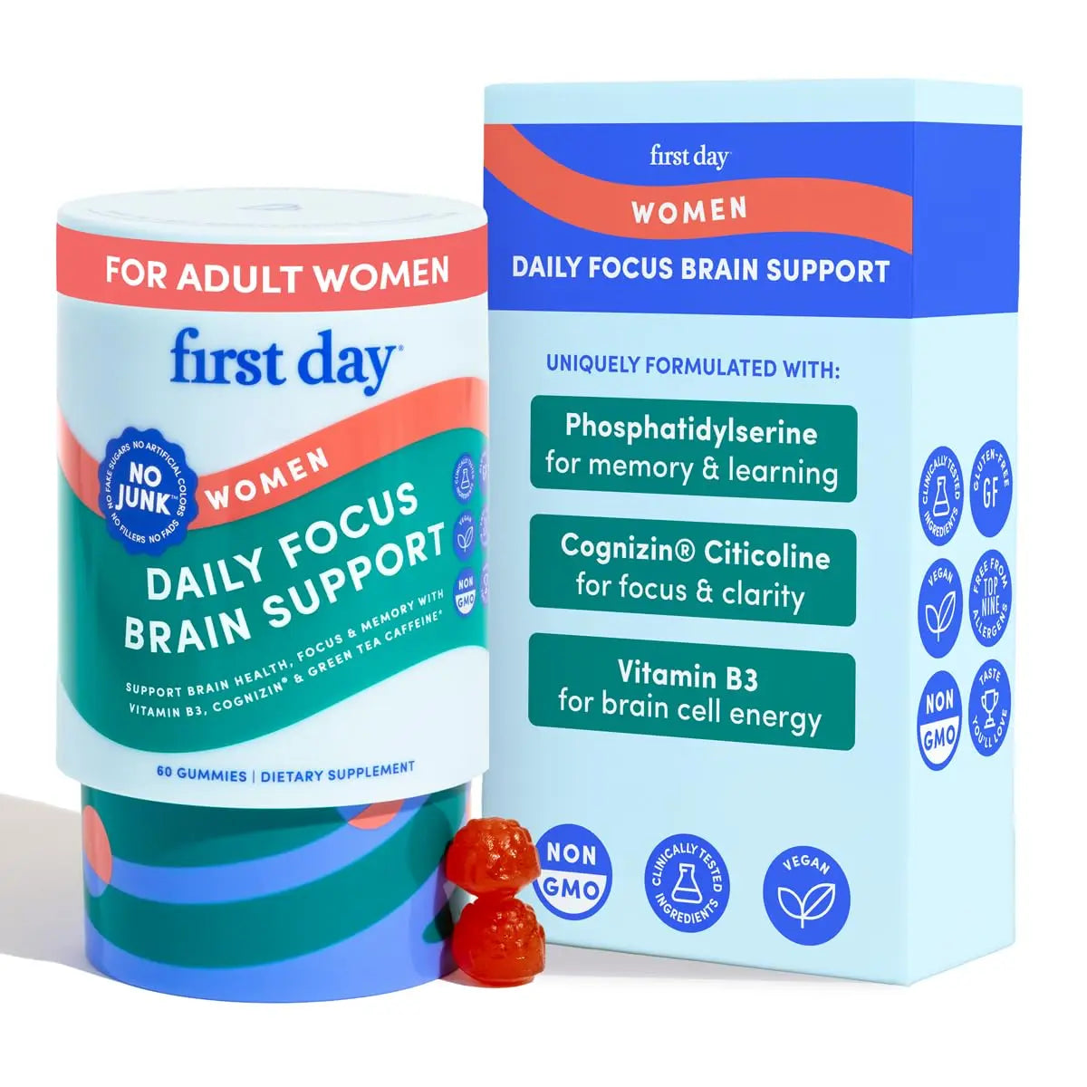 FIRST DAY Women’s Brain Gummies for Focus, Memory & Clarity | Cognizin® Citicoline + Phosphatidylserine | Natural Sustained Energy, Peach Flavor FIRST DAY