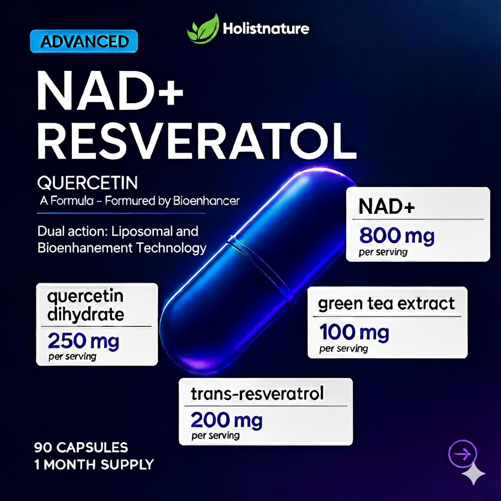 NAD+ Supplement, 1,360mg Max Strength Liposomal | Resveratrol, Quercetin, Green Tea | Cellular Energy & Healthy Aging for Men & Women | 800mg of 100% High Purity NAD+ for Energy, Focus - 90 Capsules HolistnatureBuy Supplements Australia