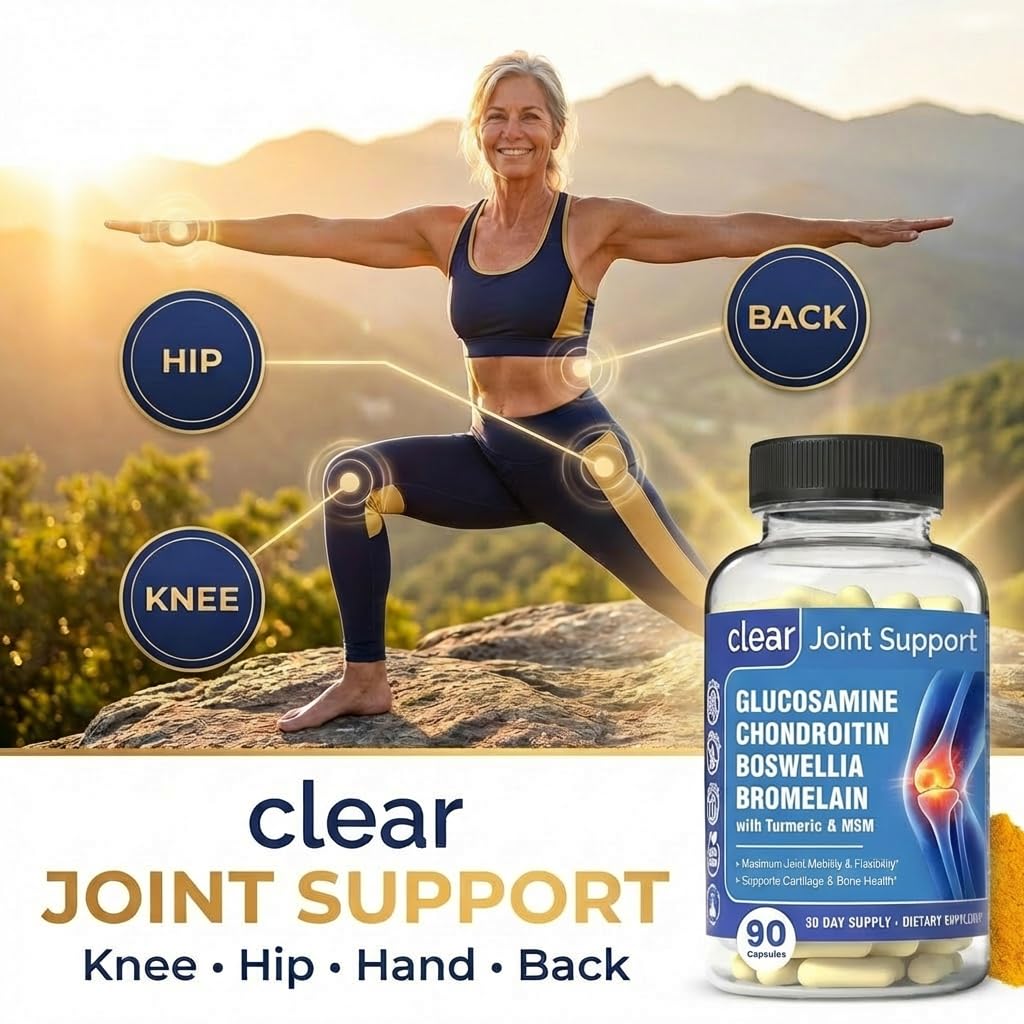 Clear Joint Support - 1500mg Glucosamine Chondroitin MSM - 8 in 1 Joint Health Supplement with Turmeric and Boswellia for Men & Women, Knee, Hip & Back Support, Made in USA, 90 Capsules Clear ProbioticsBuy Supplements Australia
