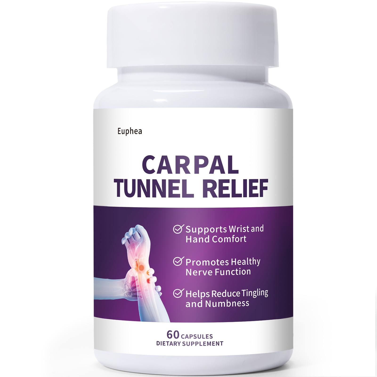 Euphea Carpal Tunnel Relief & Wrist Support Supplement, Helps Ease Tingling & Numbness,Vitamins B6, B12, C, D, K + GABA,60 Capsules EupheaBuy Supplements Australia