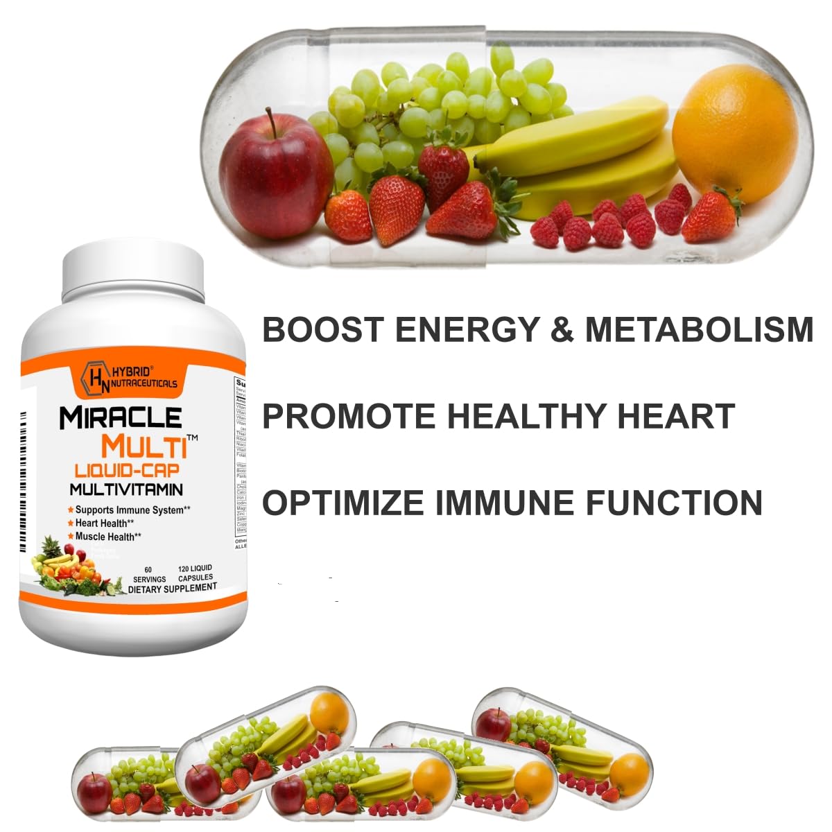 MiracleMulti Liquid Multivitamin Capsules for Men & Women - Complete Whole Food Blend Daily Vitamin & Mineral Supplement with CoQ10, B12, 42 Superfood Enzyme - 120 Softgels Hybrid NutraceuticalsBuy Supplements Australia