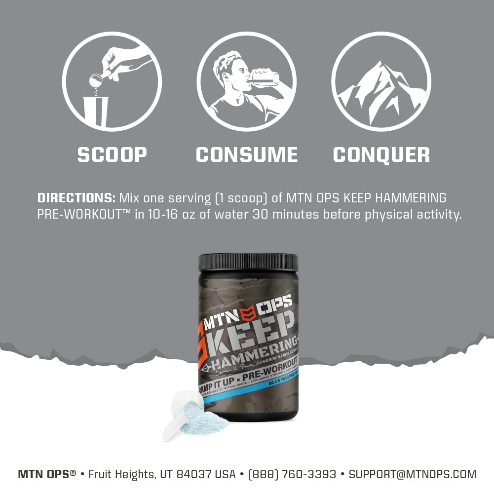 MTN OPS Pre-Workout Powder Energy Drink Keep Hammering Series by Cameron Hanes, Blue Raspberry, 20 Servings, 23.2oz