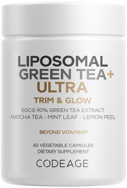 Codeage Liposomal Green Tea+ Ultra Potency - EGCG 90% Green Tea Extract, Organic Matcha Green Powder, Peppermint, Lemon Peel - Vegan, Non-GMO, Gluten-Free - Liposomal Delivery - 60 Capsules CodeageBuy Supplements Australia