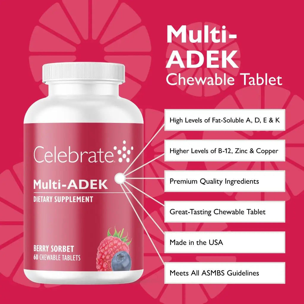 Celebrate Vitamins Multi ADEK Chewables, Iron Free - Daily Bariatric Multivitamin, High Level of Vitamins A, D, E, K & B12 Celebrate Bariatric Supplements