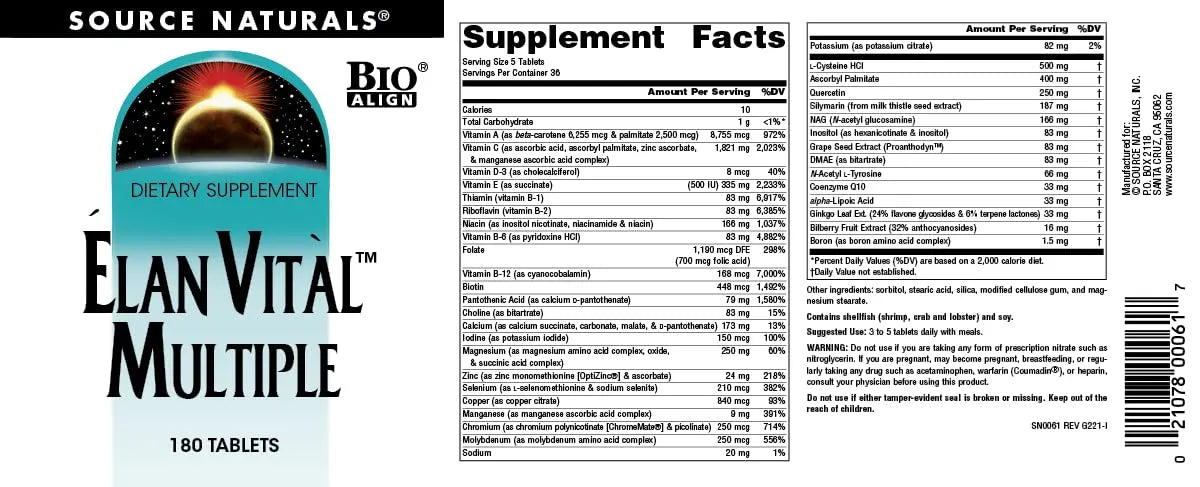 Source Naturals Elan Vital Multiple - Supports Brain, Heart, Liver, Immune, Energy Boost - 180 Tablets Source NaturalsBuy Supplements Australia